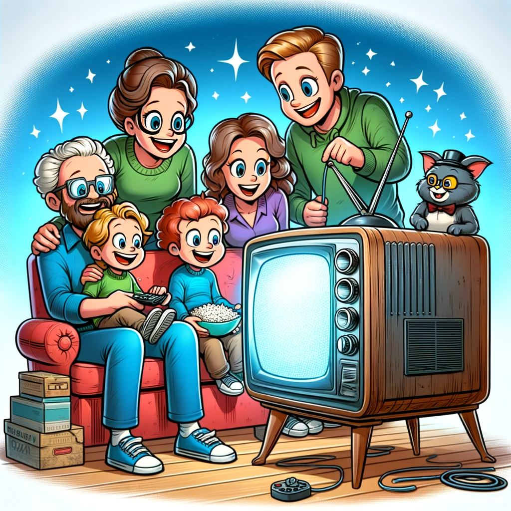 DALL·E 2024 01 28 20.57.45 A humorous cartoon of a family gathered around an old fashioned vintage TV enjoying a movie night. This image showcases the charm and nostalgia asso