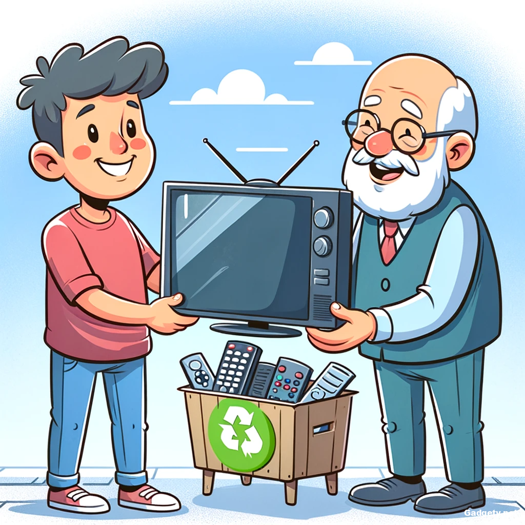 DALL·E 2024 01 28 20.57.52 A cartoon showing a person happily buying a second hand TV from a friendly seller emphasizing the benefits of cost savings and recycling. The TV is i