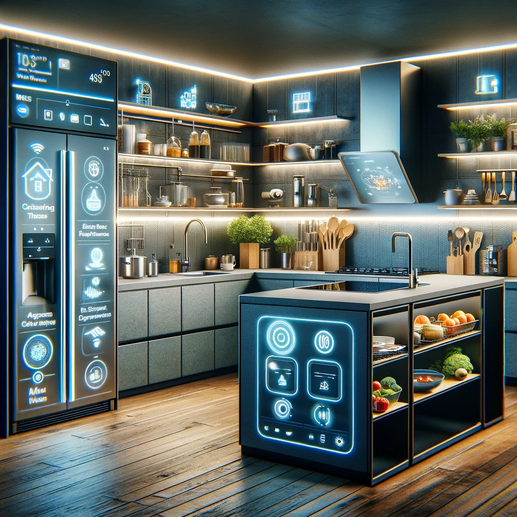 DALL·E 2024 02 06 16.36.00 Visualize the future of home technology showcasing an advanced kitchen equipped with smart appliances such as an AI powered refrigerator that suggest