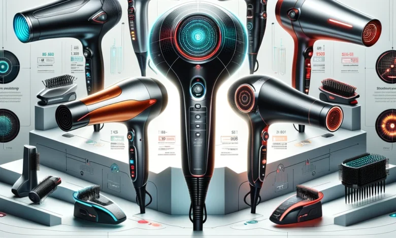 DALL·E 2024 03 01 07.33.43 A sleek and modern infographic showcasing the top hair dryers with ionization technology for the year 2024. The infographic features a variety of futu