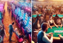 DALL·E 2024 04 15 22.01.43 A bustling casino floor scene with diverse groups of people engaged in different activities. The first image shows a vibrant atmosphere with people pl