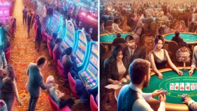 DALL·E 2024 04 15 22.01.43 A bustling casino floor scene with diverse groups of people engaged in different activities. The first image shows a vibrant atmosphere with people pl