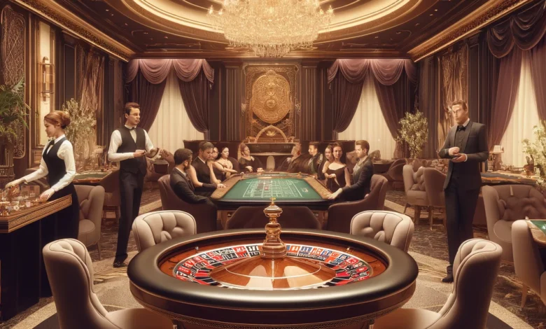 DALL·E 2024 04 15 22.04.36 A luxurious casino VIP room with an opulent setting. The scene features an elegant dimly lit environment with plush velvet chairs and a large ornate
